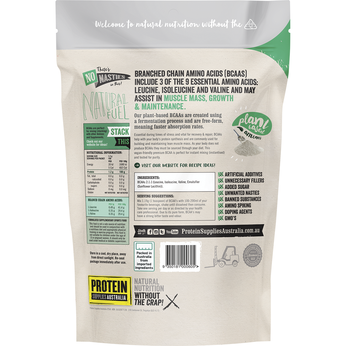Protein Supplies Australia BCAA Pure 200g back image
