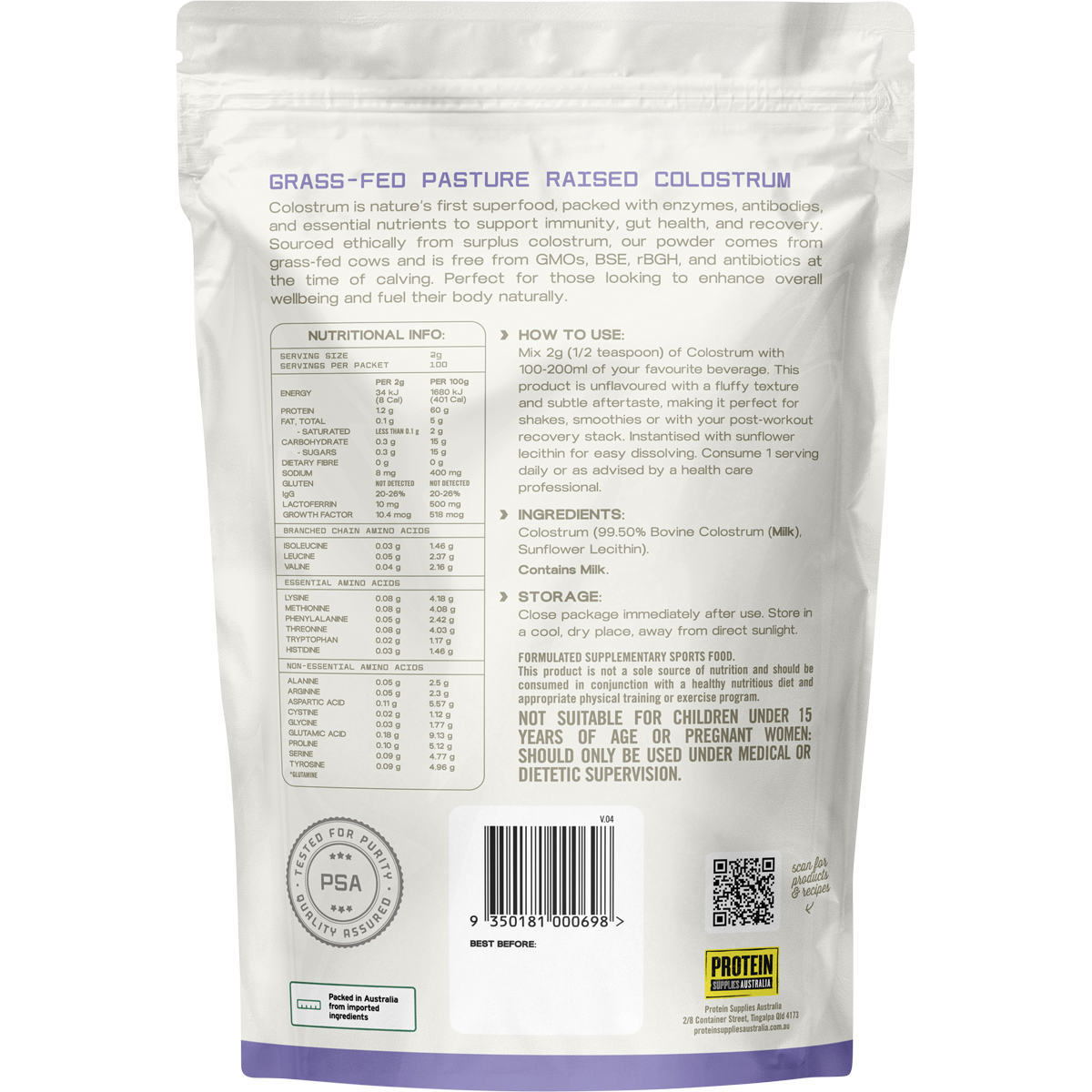 Protein Supplies Australia Colostrum Pure 200g back image