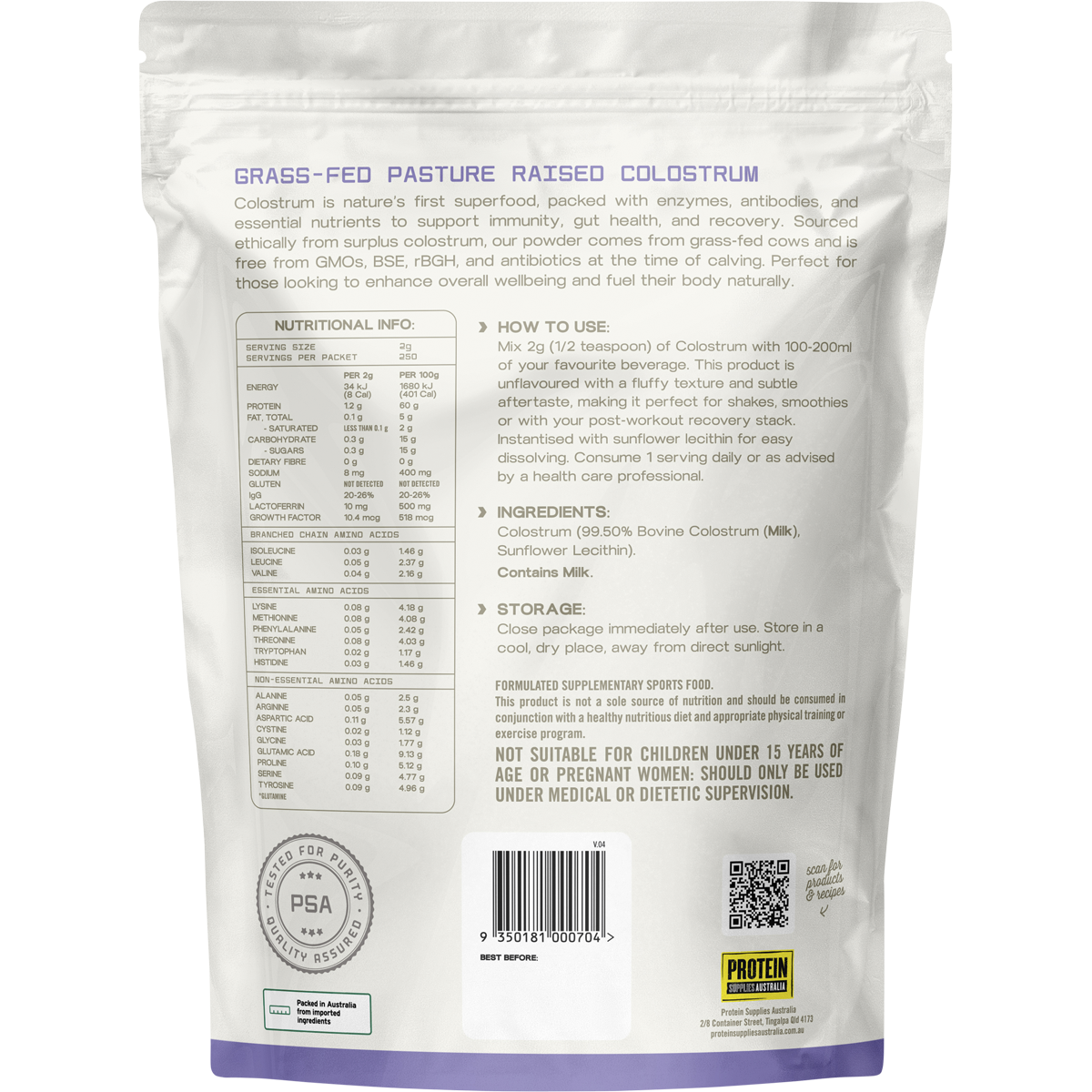 Protein Supplies Australia Colostrum Pure 500g back image