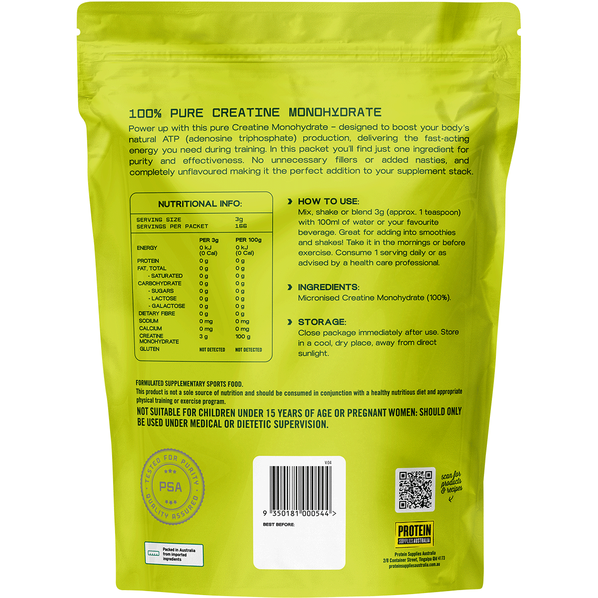 Protein Supplies Australia Creatine Monohydrate Pure 500g back image