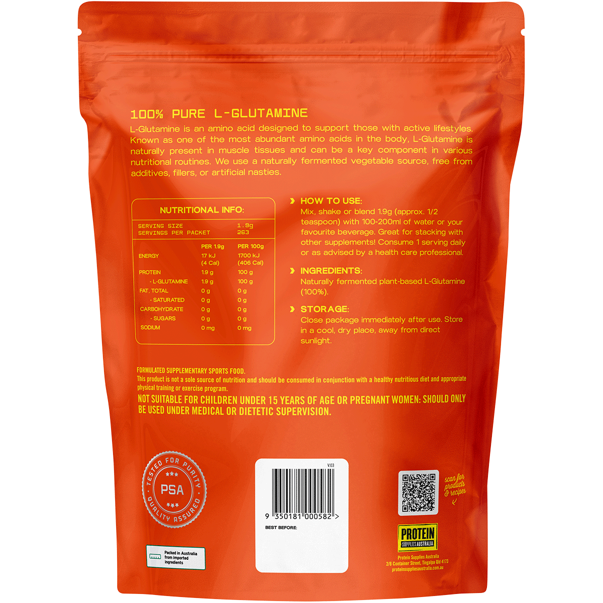Protein Supplies Australia L-Glutamine Pure 500g back image