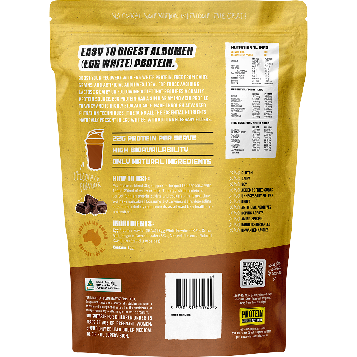 Protein Supplies Australia Egg White Protein Chocolate 900g back image