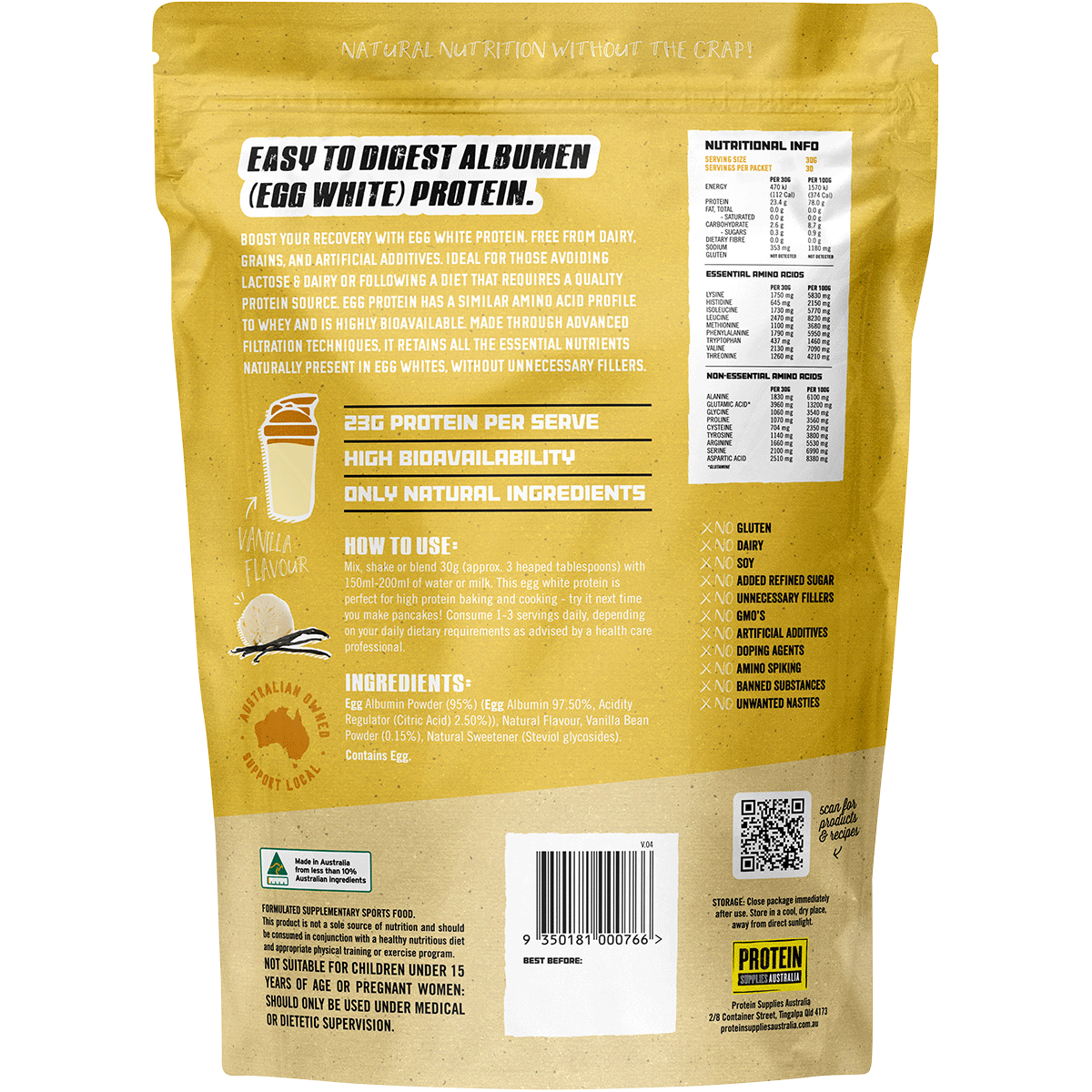 Protein Supplies Australia Egg White Protein Vanilla 900g back image