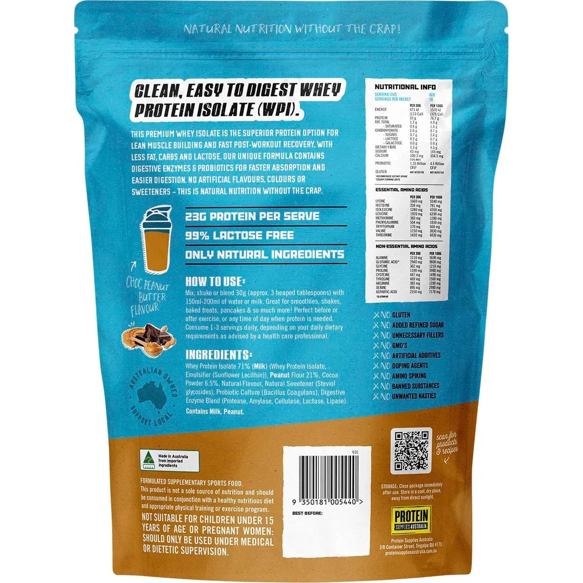 Protein Supplies Aust. Vitamins & Supplements Protein Supplies Australia WPI Whey Protein Isolate Choc Peanut Butter
