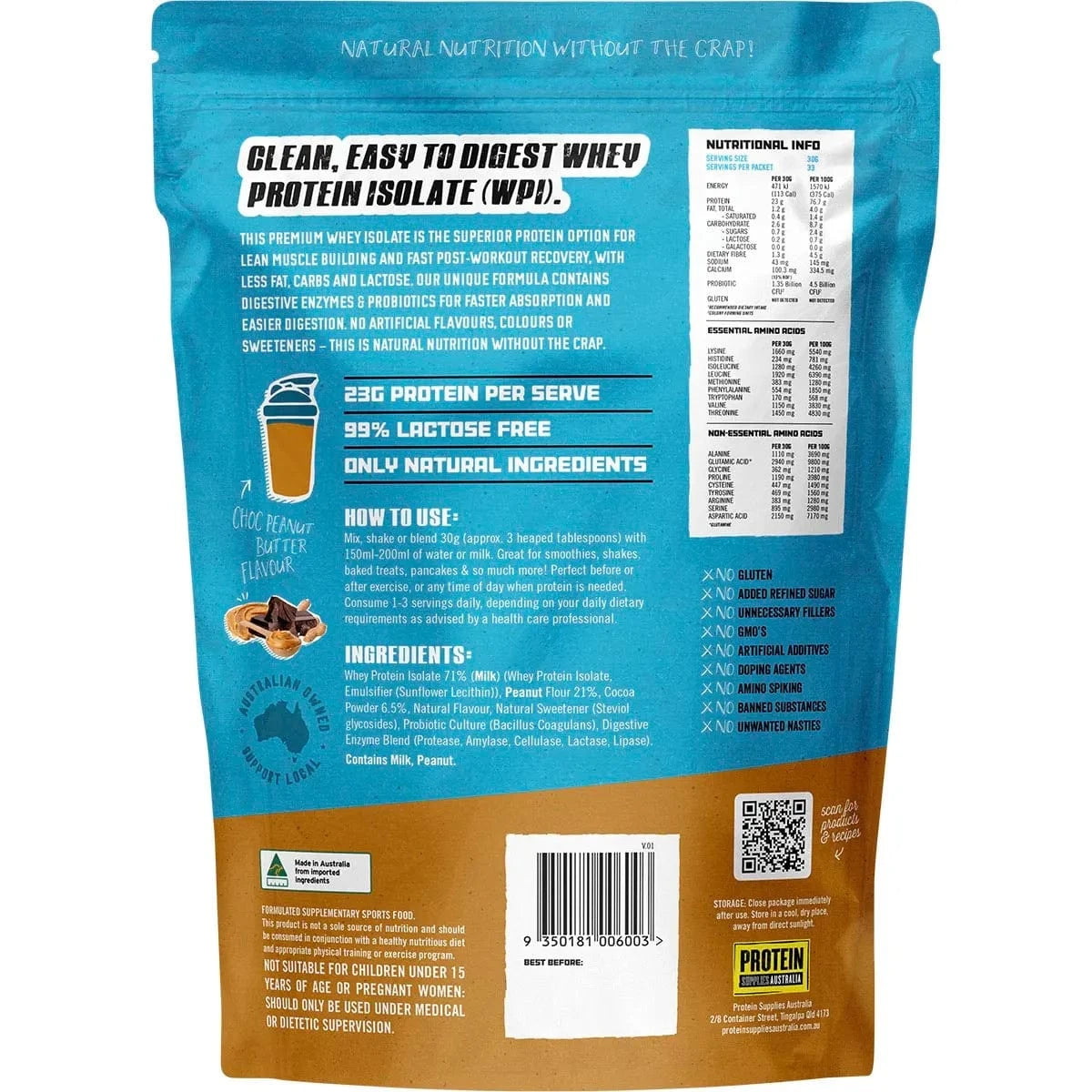 Protein Supplies Aust. Vitamins & Supplements Protein Supplies Australia WPI Whey Protein Isolate Choc Peanut Butter