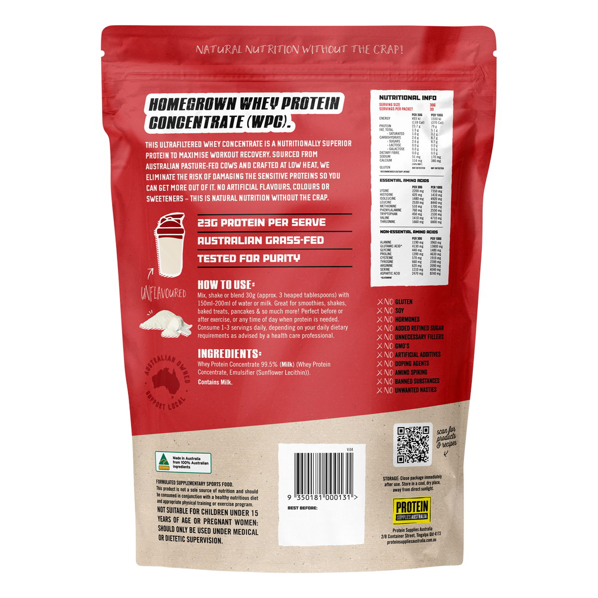 Protein Supplies Australia WPC Pure 1kg back image