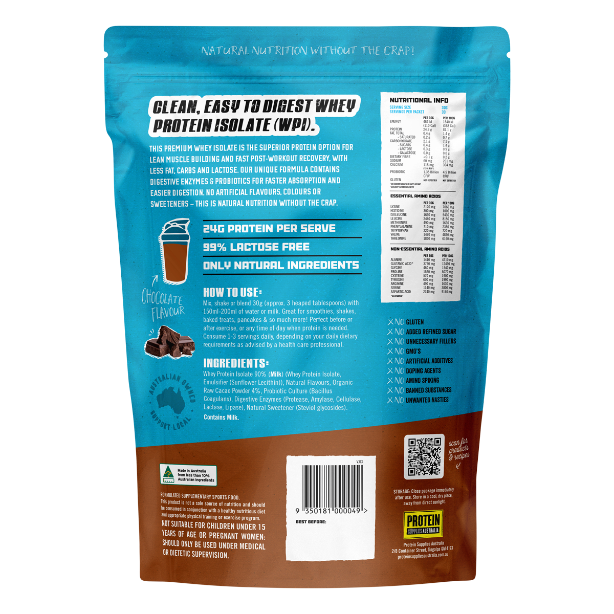Protein Supplies Australia WPI (Whey Protein Isolate) Chocolate — pt62 back image