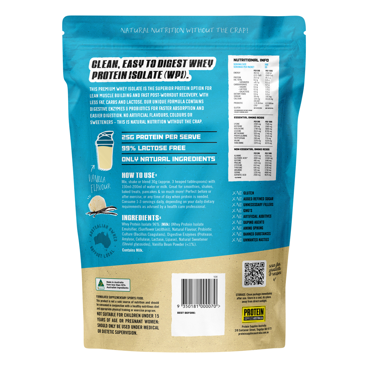 Protein Supplies Australia WPI Vanilla Bean 1kg back image