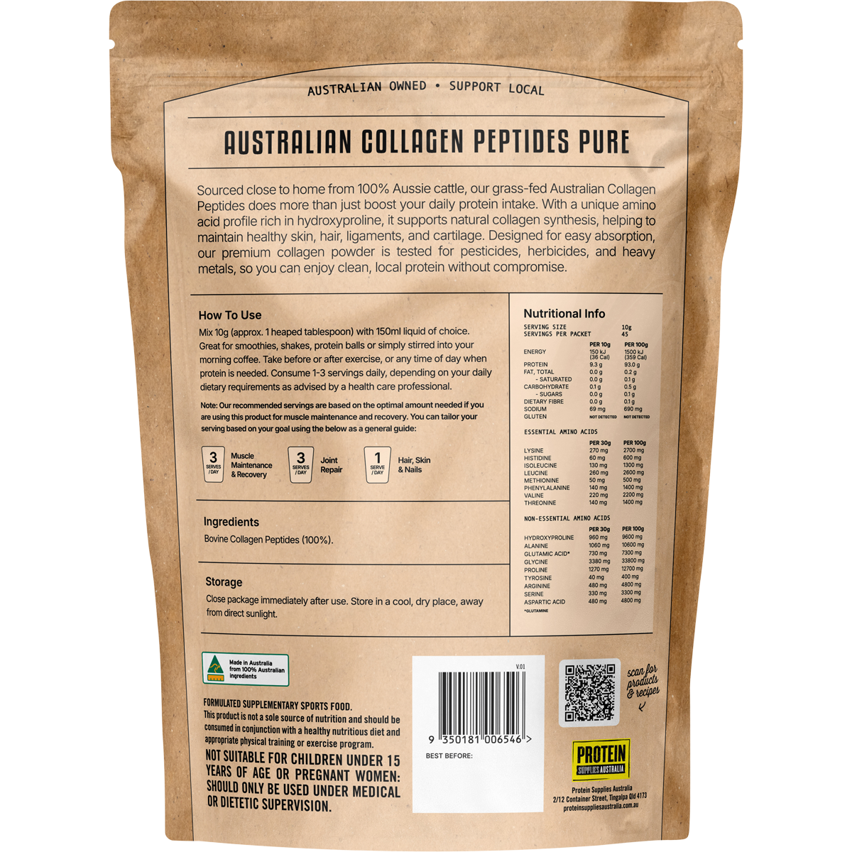 Protein Supplies Australia Australian Collagen Peptides Pure Unflavoured 450g — pt129 back image