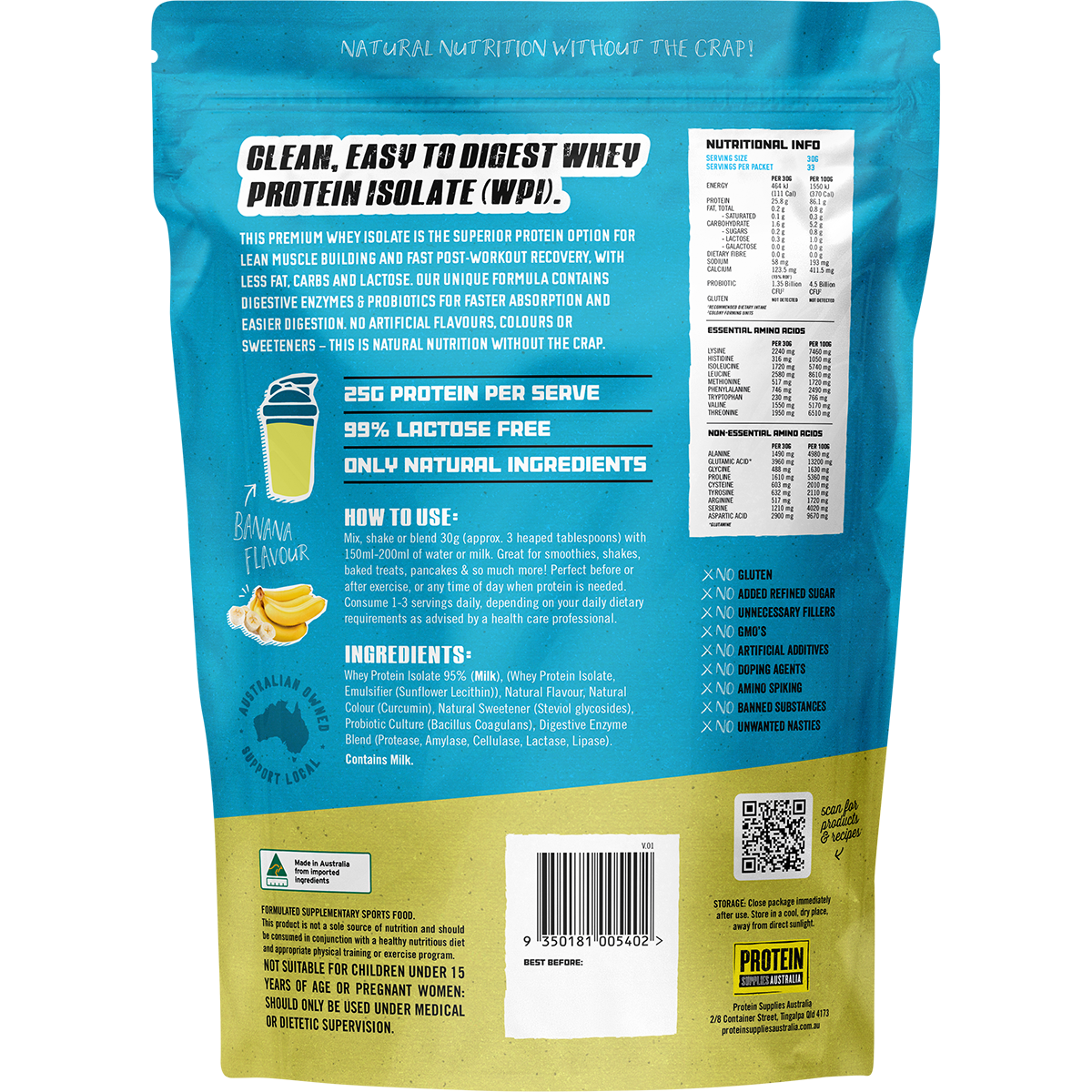 Protein Supplies Australia WPI Whey Protein Isolate Banana — pt221 back image