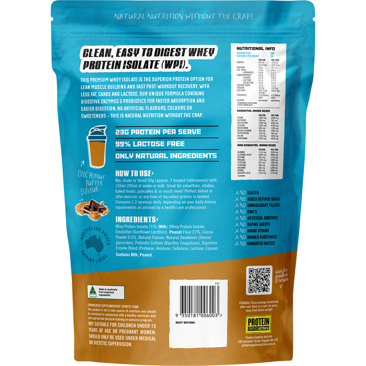 Protein Supplies Australia WPI Choc Peanut Butter 1kg back image