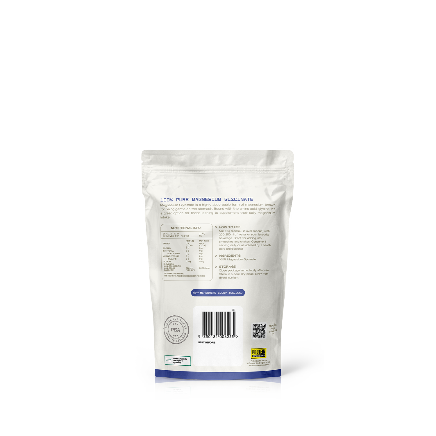 Protein Supplies Australia Magnesium Glycinate 100g back pack image