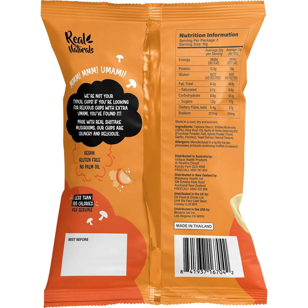 Real Naturals Snack Foods Real Naturals Shiitake Mushroom Chips Garlic & Herbs 12 x 32g