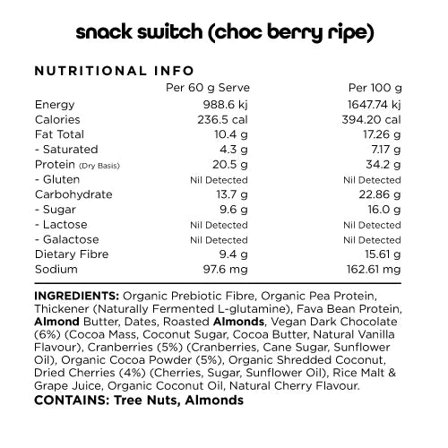 Switch Nutrition Protein Bar Plant Based Choc Berry Ripe 12x60g