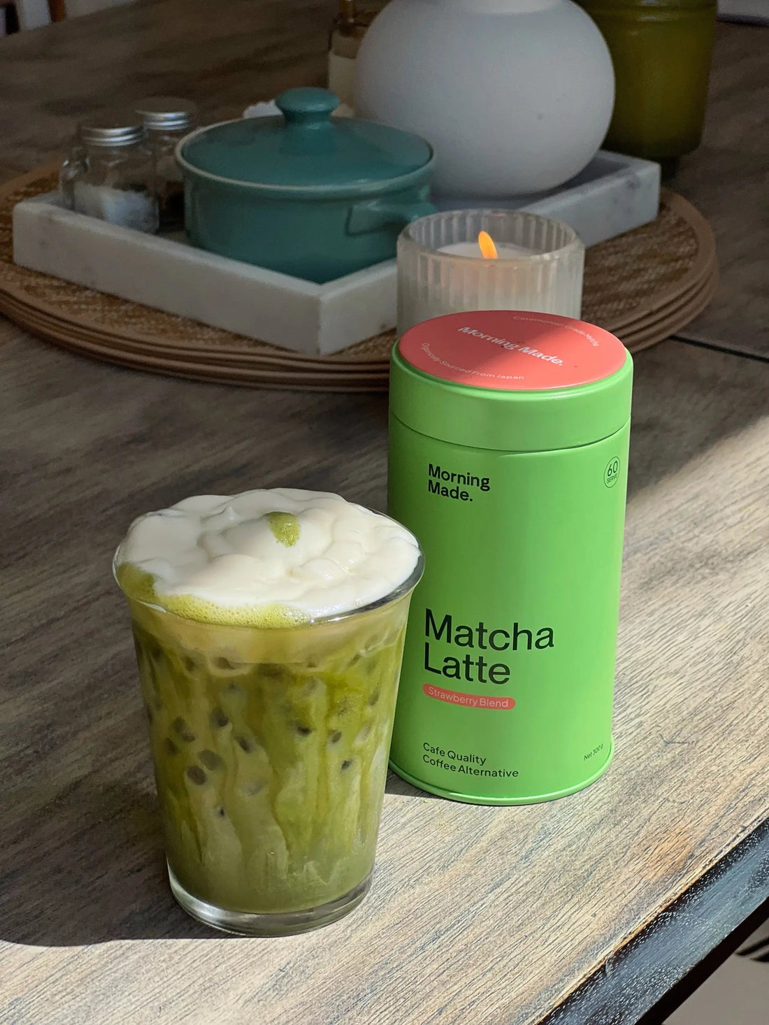 Morning Made Strawberry Matcha Latte — official canister and prepared iced matcha lifestyle image
