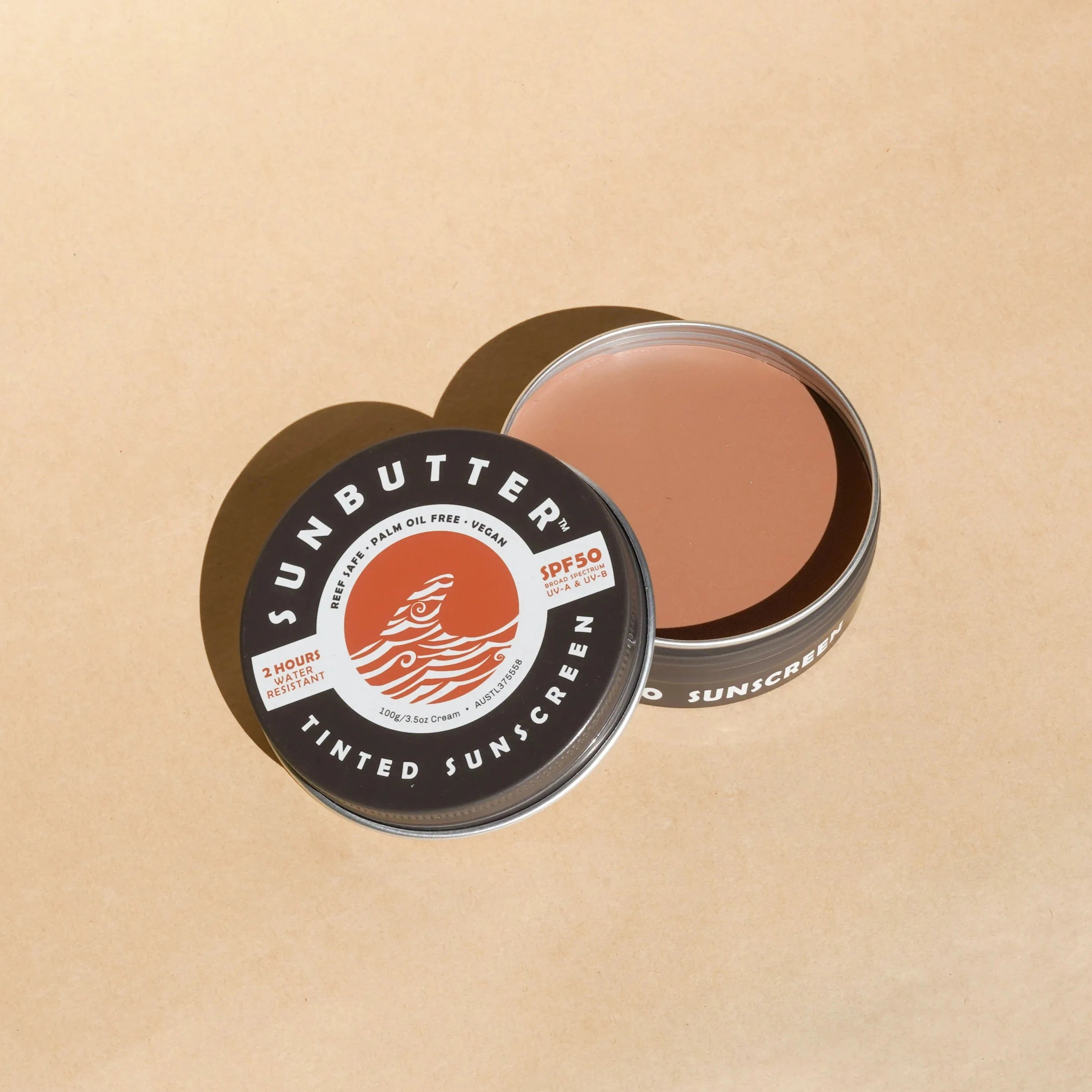 SunButter Tinted SPF50 Reef Safe Face Sunscreen 100g open tin official product image