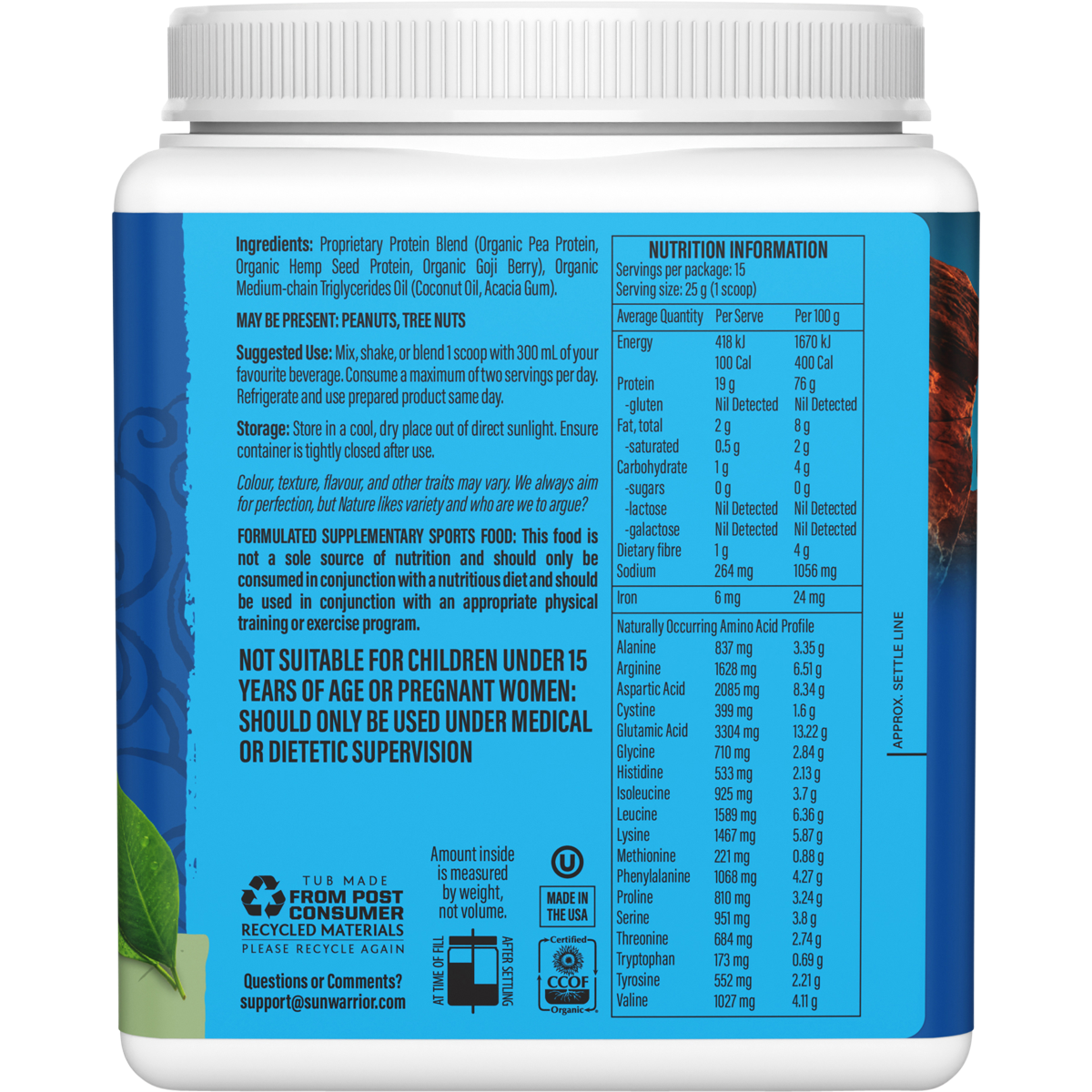 Sunwarrior Warrior Blend Unflavoured 375g right-side image