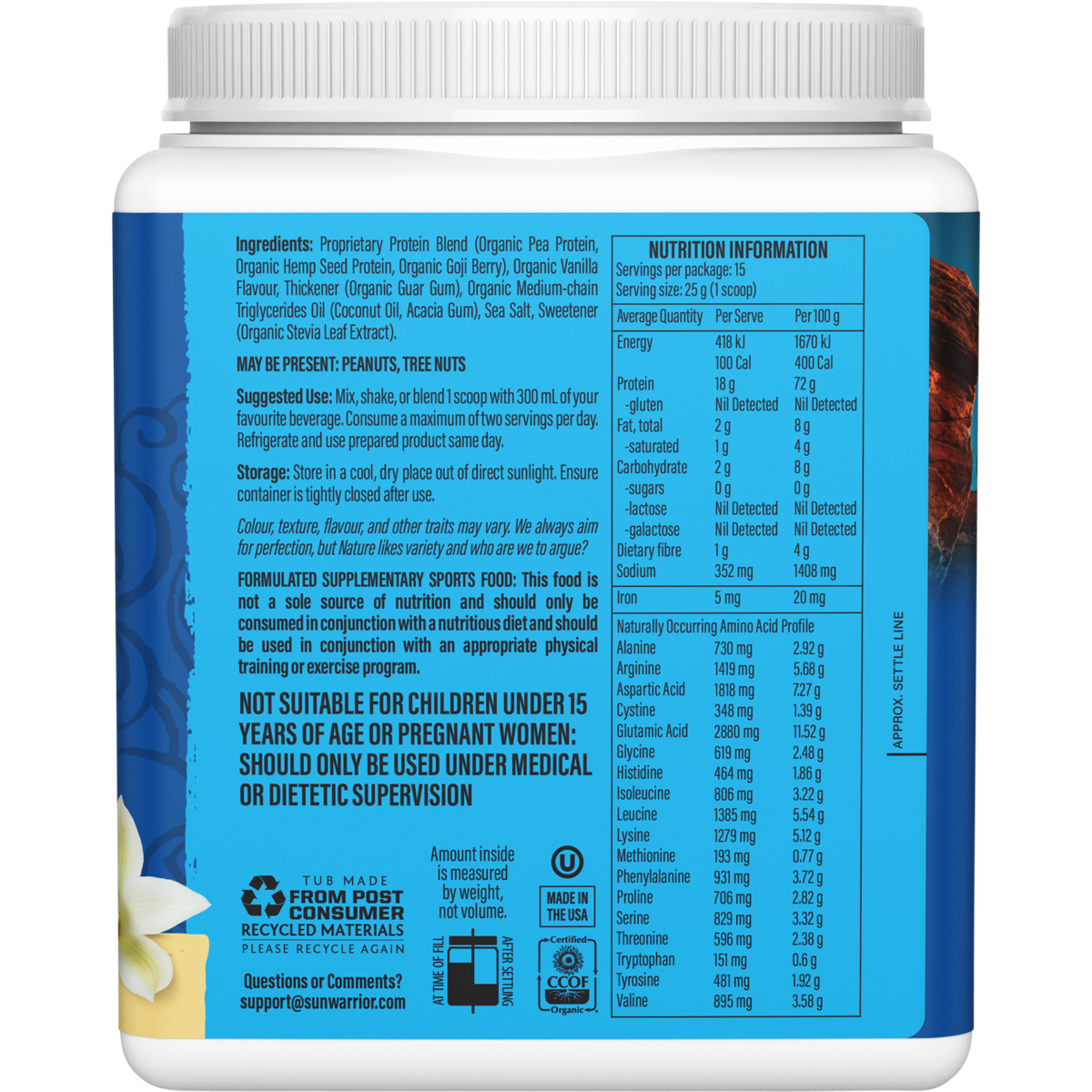 Sunwarrior Warrior Blend Vanilla 375g right-side image