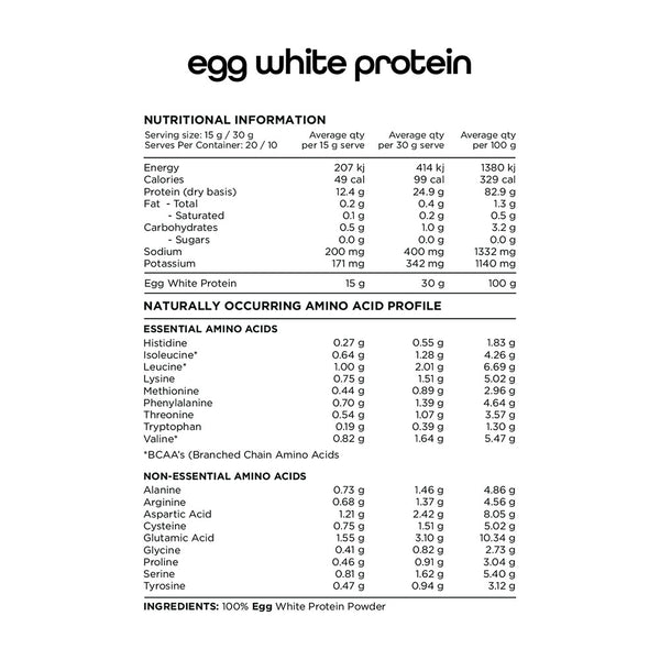 Switch Nutrition Egg White Protein Powder Unflavoured 300g — nutrition and amino acid panel