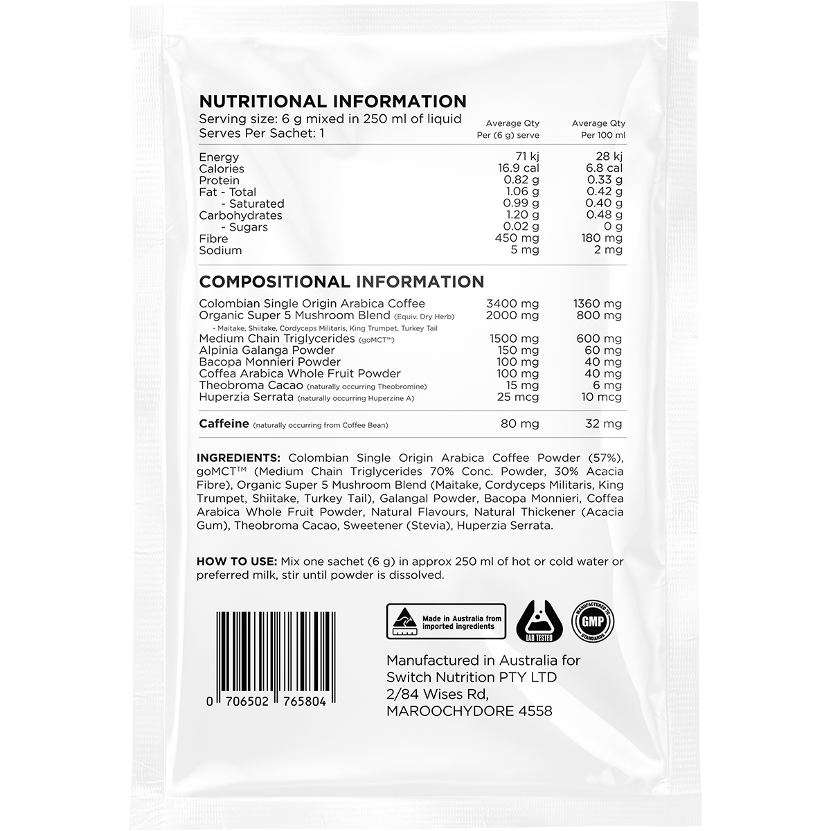 Switch Nutrition Coffee Mental Focus Elixir Naked Espresso back image
