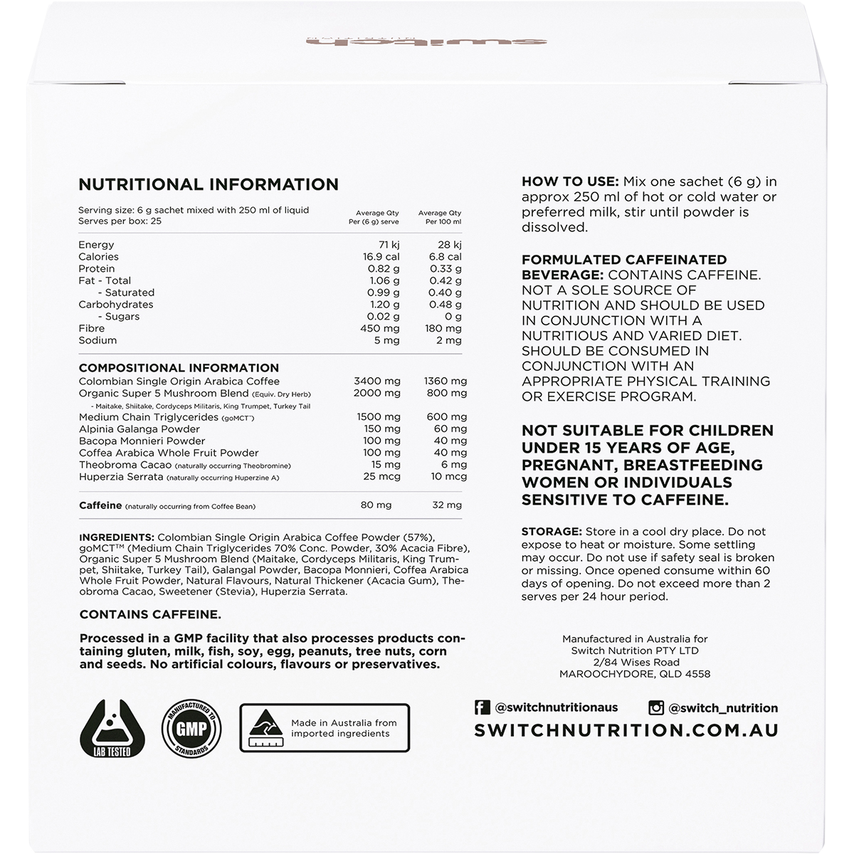 Switch Nutrition Coffee Mental Focus Elixir Naked Espresso box back image