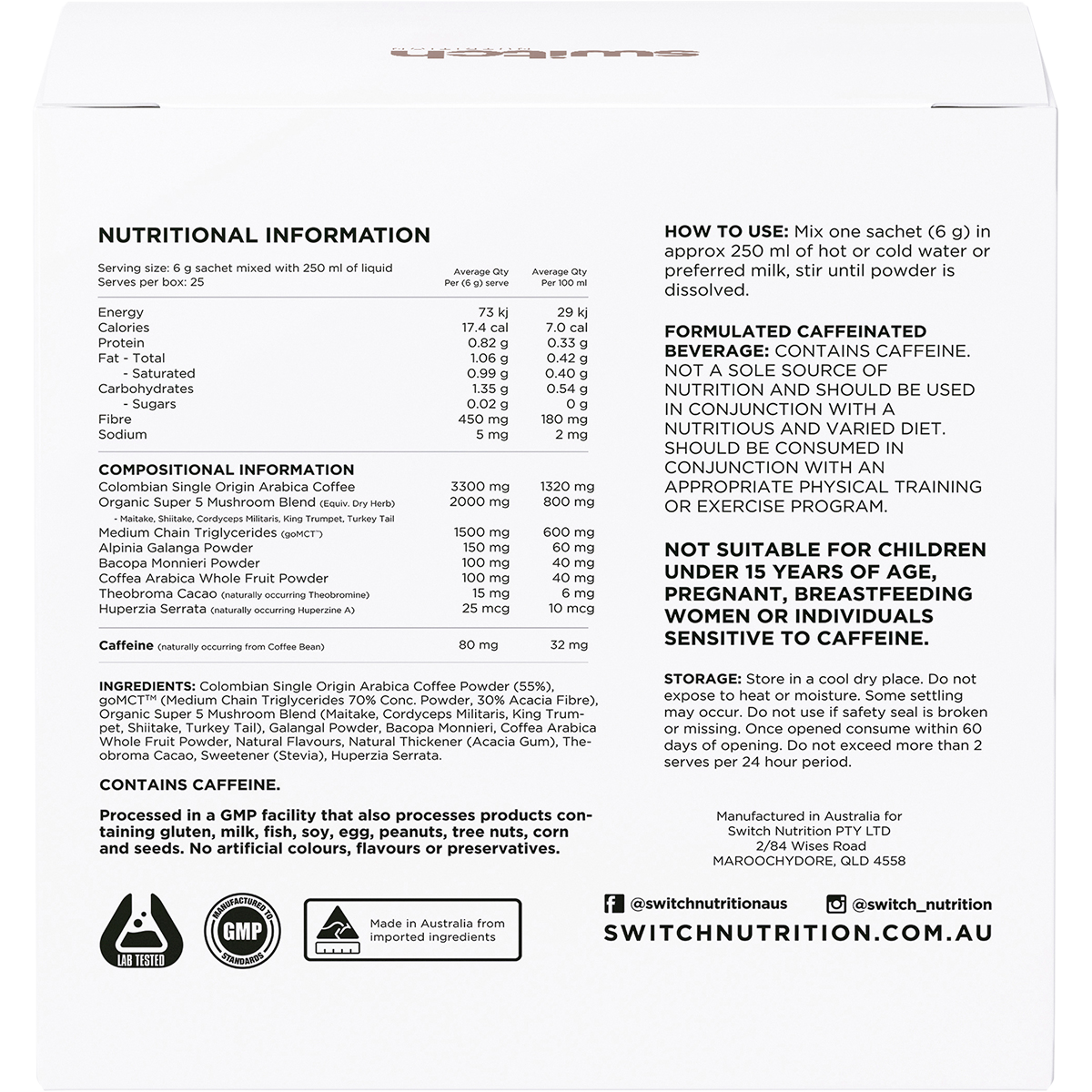 Switch Nutrition Coffee Mental Focus Elixir Espresso box back image