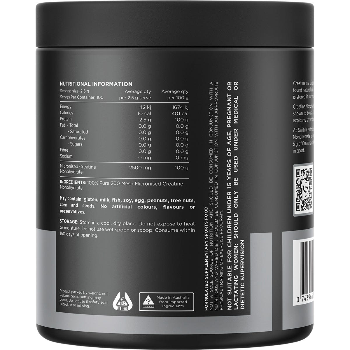 Switch Nutrition Creatine Unflavoured 250g — exact back product image