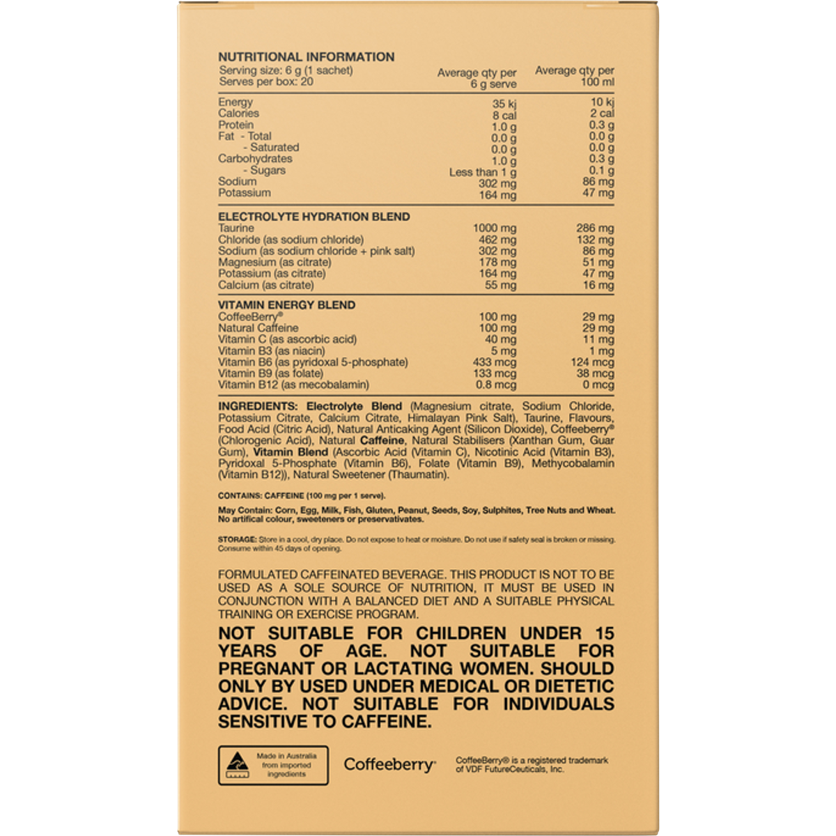Switch Nutrition Hydrate + Caffeine Mango Passionfruit 20x6g back image