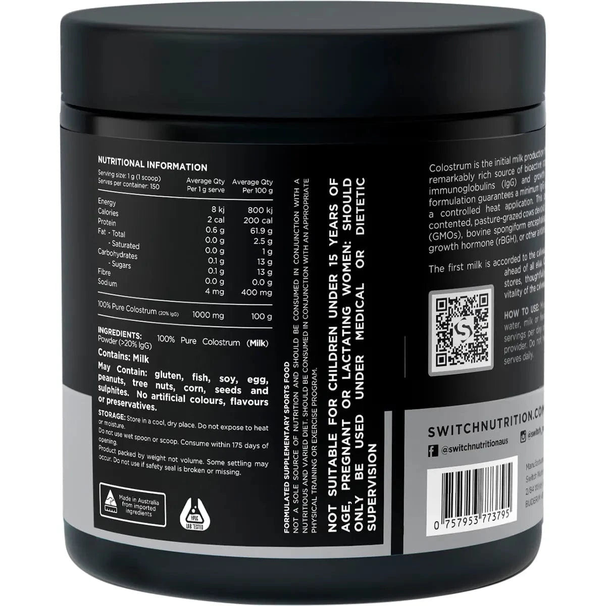 Switch Nutrition Vitamins & Supplements Switch Nutrition 100% Pure Colostrum Powder 150g