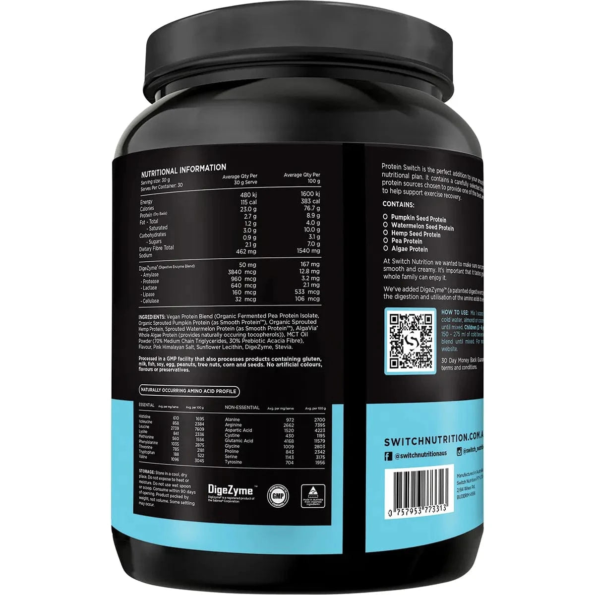 Switch Nutrition Vitamins & Supplements Switch Nutrition Protein Organic Sprouted Plant Salted Caramel 900g