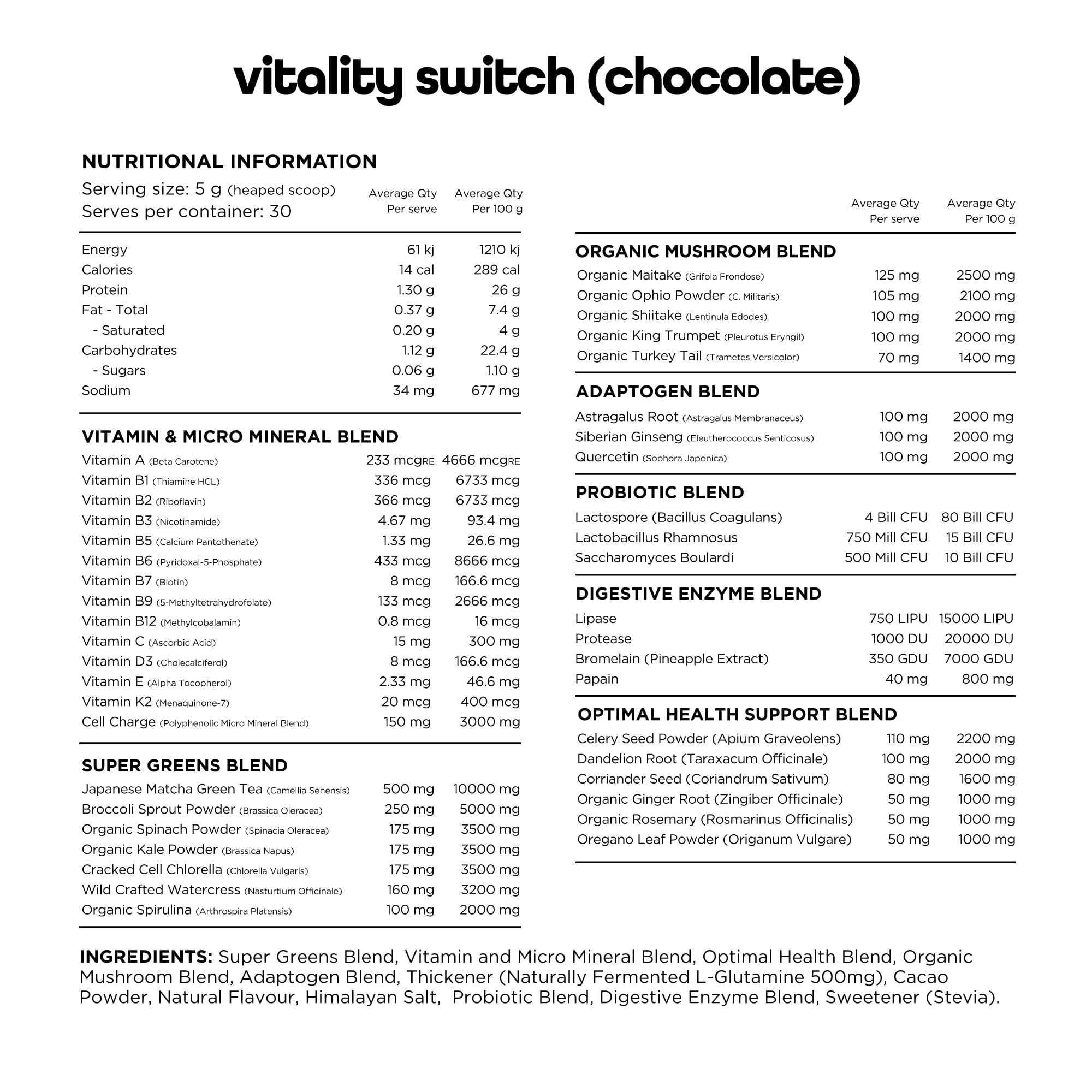 Switch Nutrition Vitamins & Supplements Switch Nutrition Vitality Revitalising Greens Powder Chocolate 150g