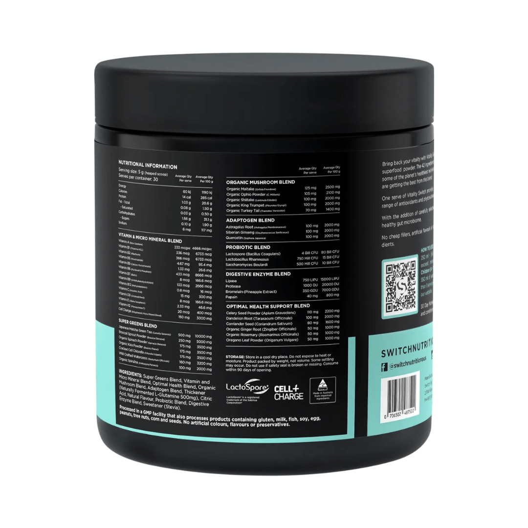 Switch Nutrition Vitamins & Supplements Switch Nutrition Vitality Revitalising Greens Powder Lemon Ginger 150g