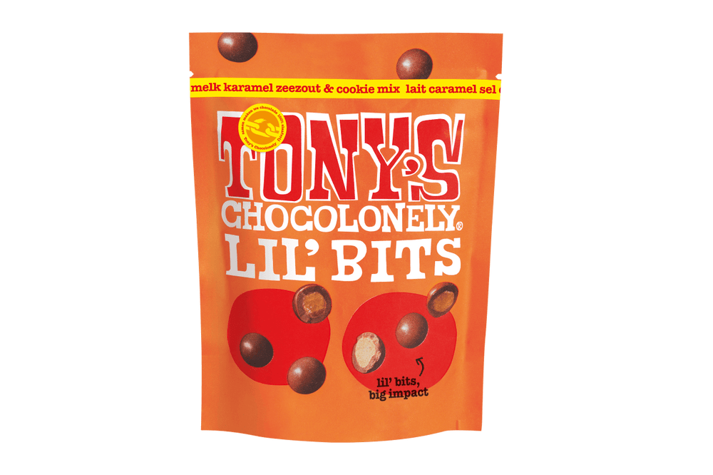 Tony’s Chocolonely Lil’Bits Milk Caramel Sea Salt & Cookie Mix 113 Gram