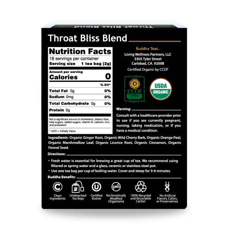 Buddha Teas Organic Herbal Tea Bags Throat Bliss Blend 18pk