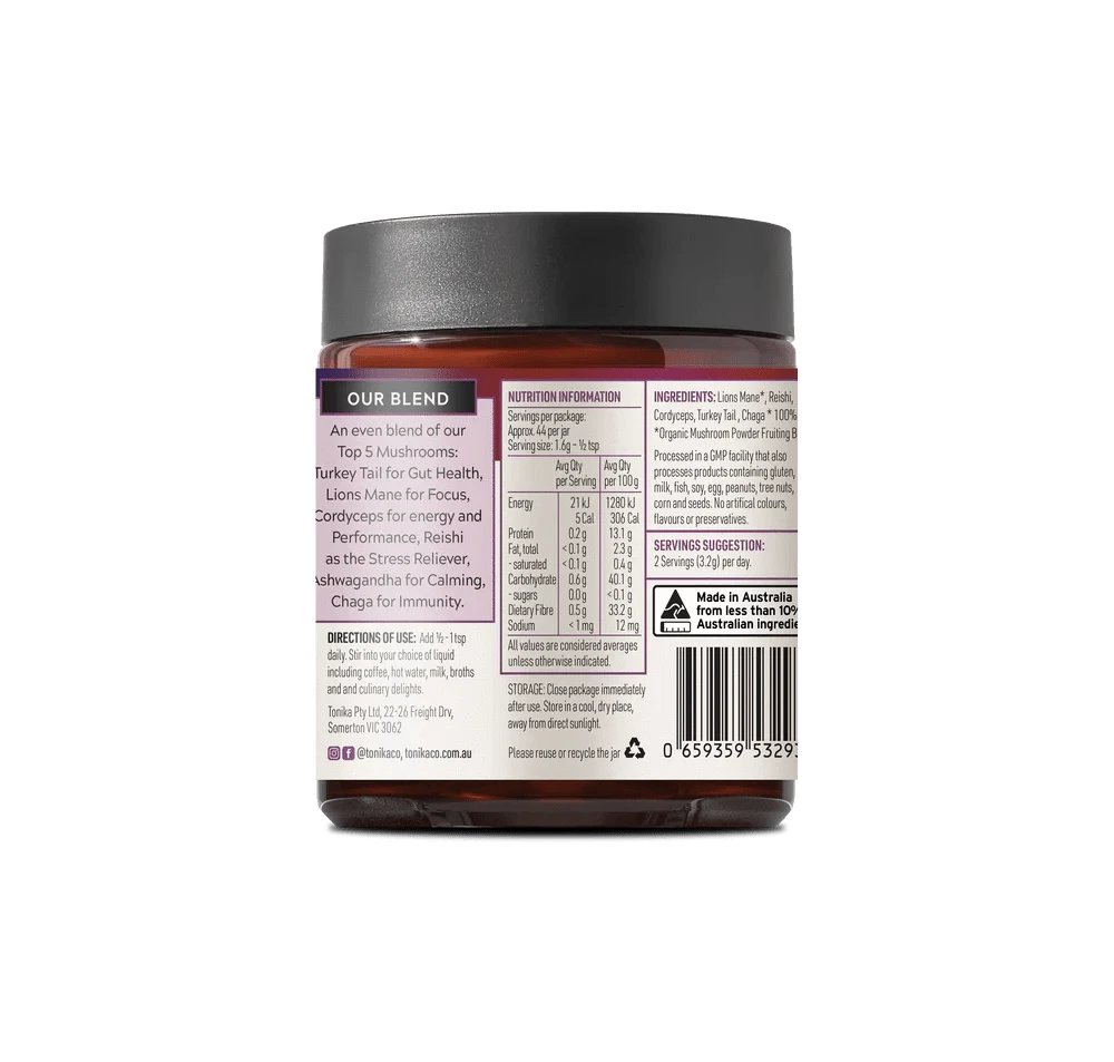Tonika Vitamins & Supplements Tonika 100% Organic Mushroom Powder 5 Mushroom Blend 70g