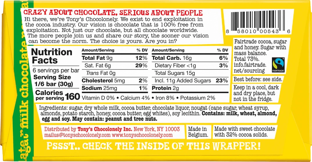 Tony's Chocolonely Snack Foods (Clearance BB 2/05/25) Tony's Chocolonely Milk Honey Almond Nougat 32% 180g
