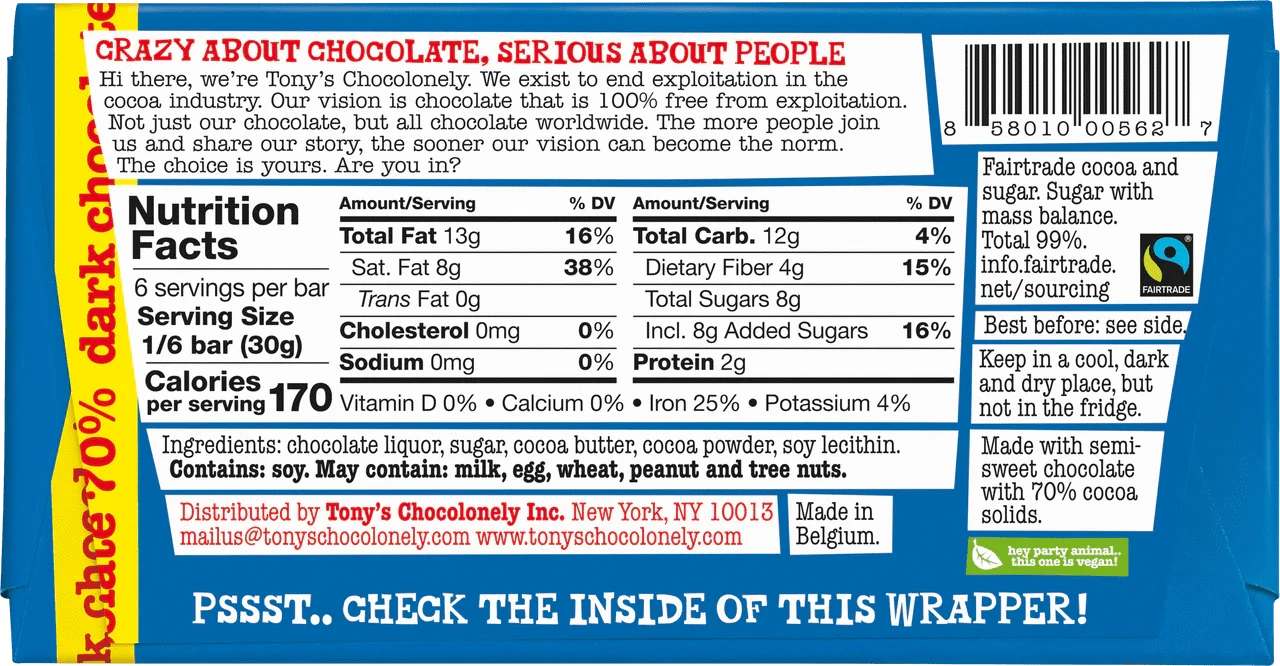 Tony's Chocolonely Snack Foods Tony's Chocolonely 70% Dark 180g