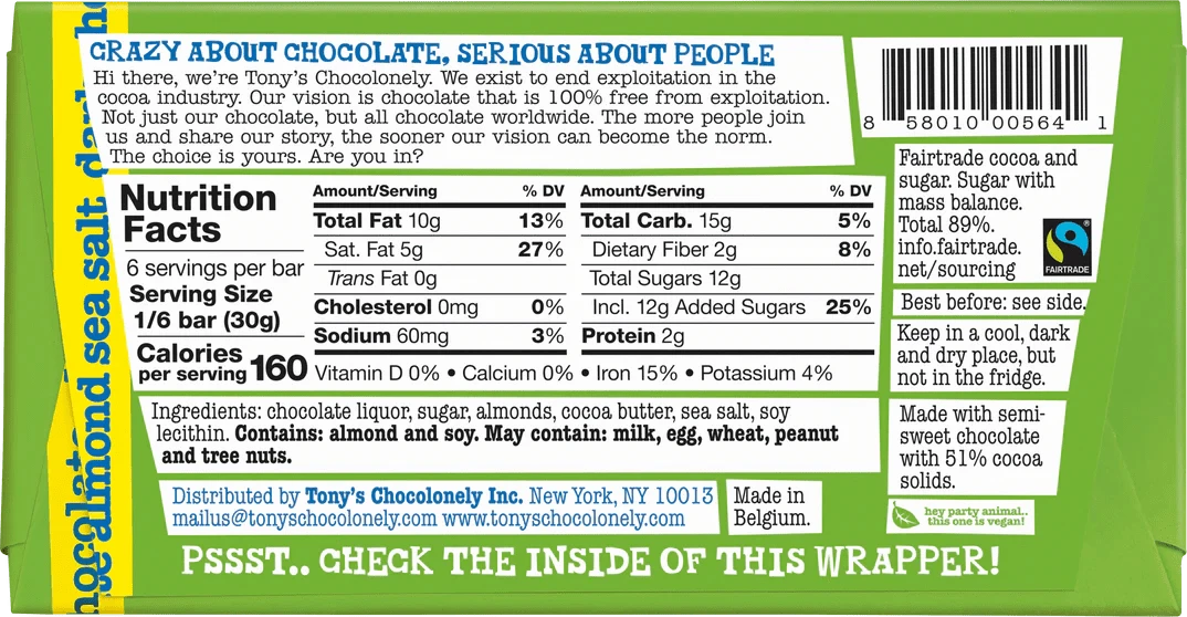 Tony's Chocolonely Snack Foods Tony's Chocolonely Almond Sea Salt 51% 180g