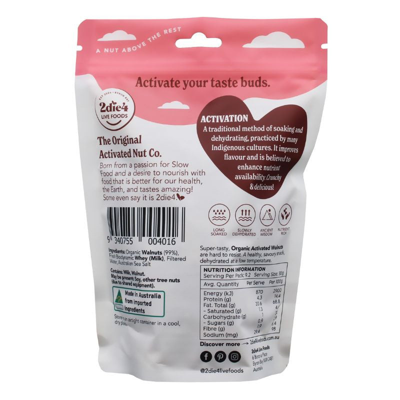 2DIE4 LIVE FOODS Organic Activated Walnuts 275g back pack