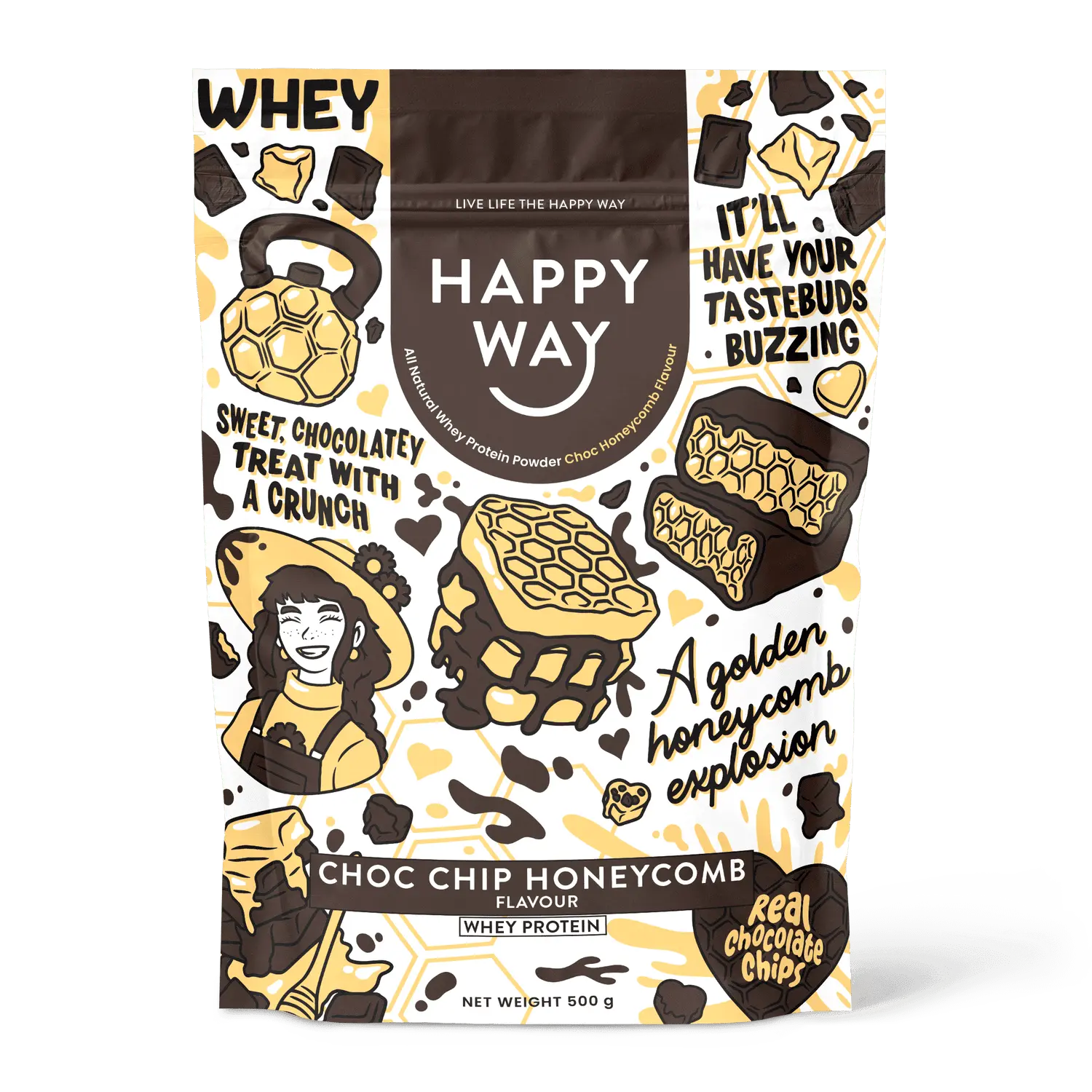 Happy Way Choc Chip Honeycomb Whey Protein Powder 500g front