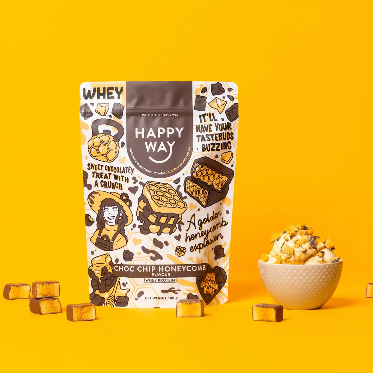 Happy Way Choc Chip Honeycomb Whey Protein Powder details