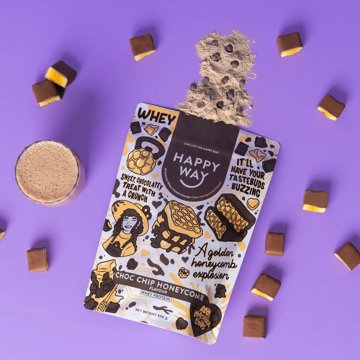 Happy Way Choc Chip Honeycomb Whey Protein Powder lifestyle