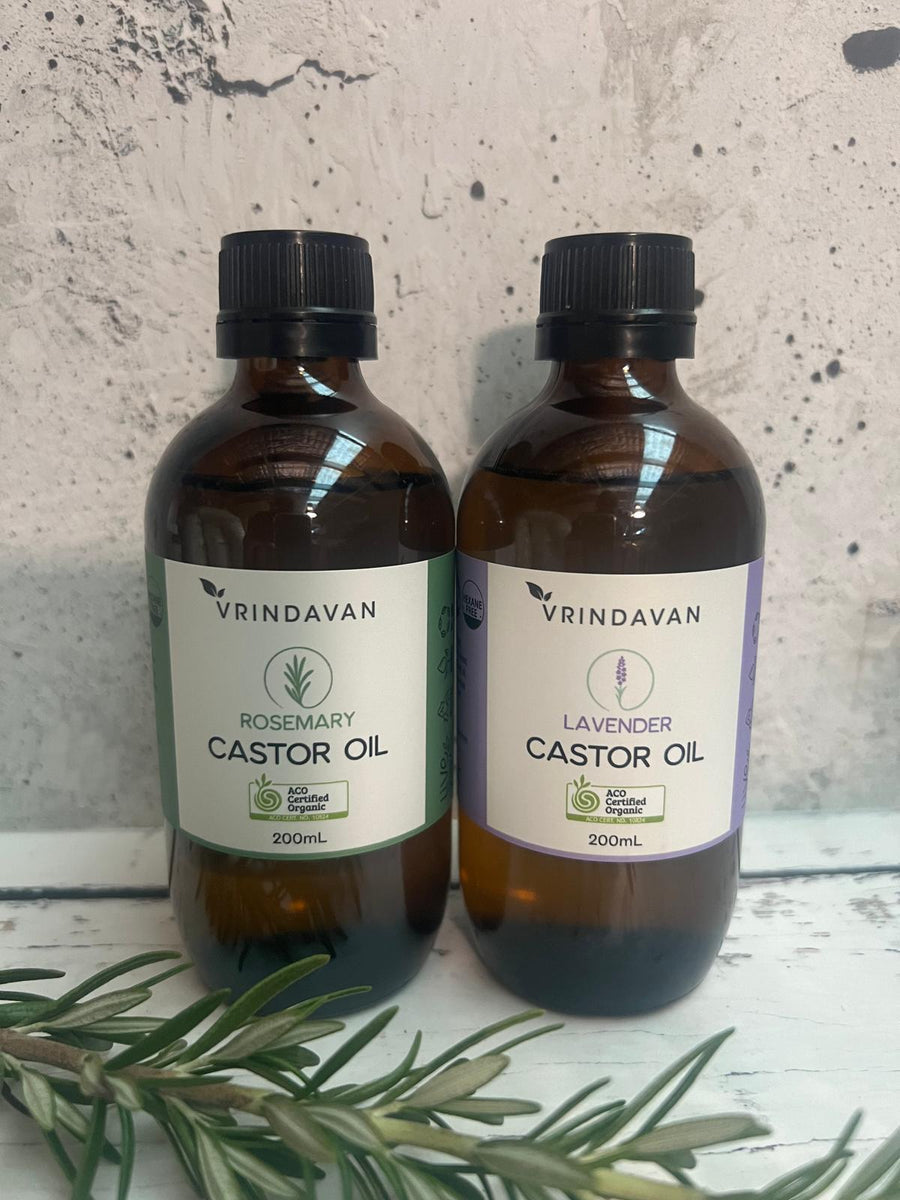 Vrindavan Castor Oil and Lavender Amber Glass Bottle 200ml lifestyle image