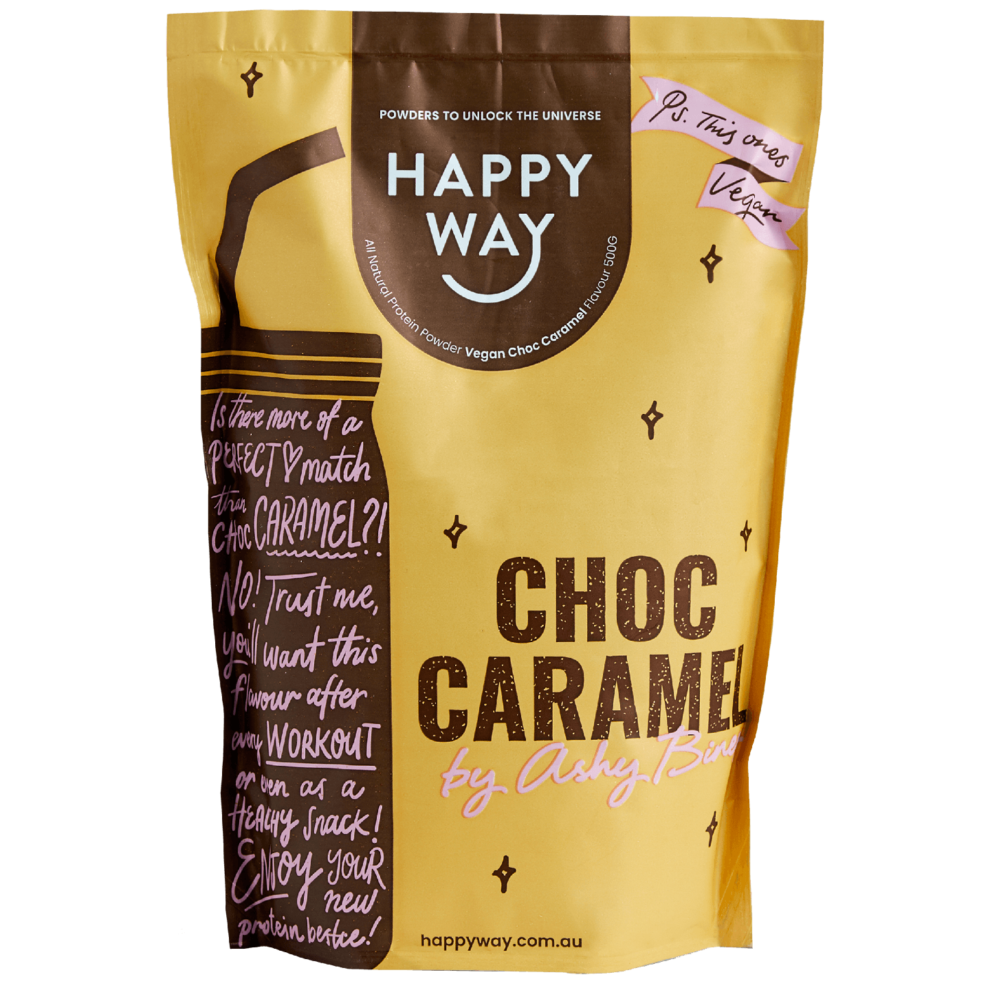 Happy Way Ashy Bines VEGAN Protein Powder Choc Caramel 500g