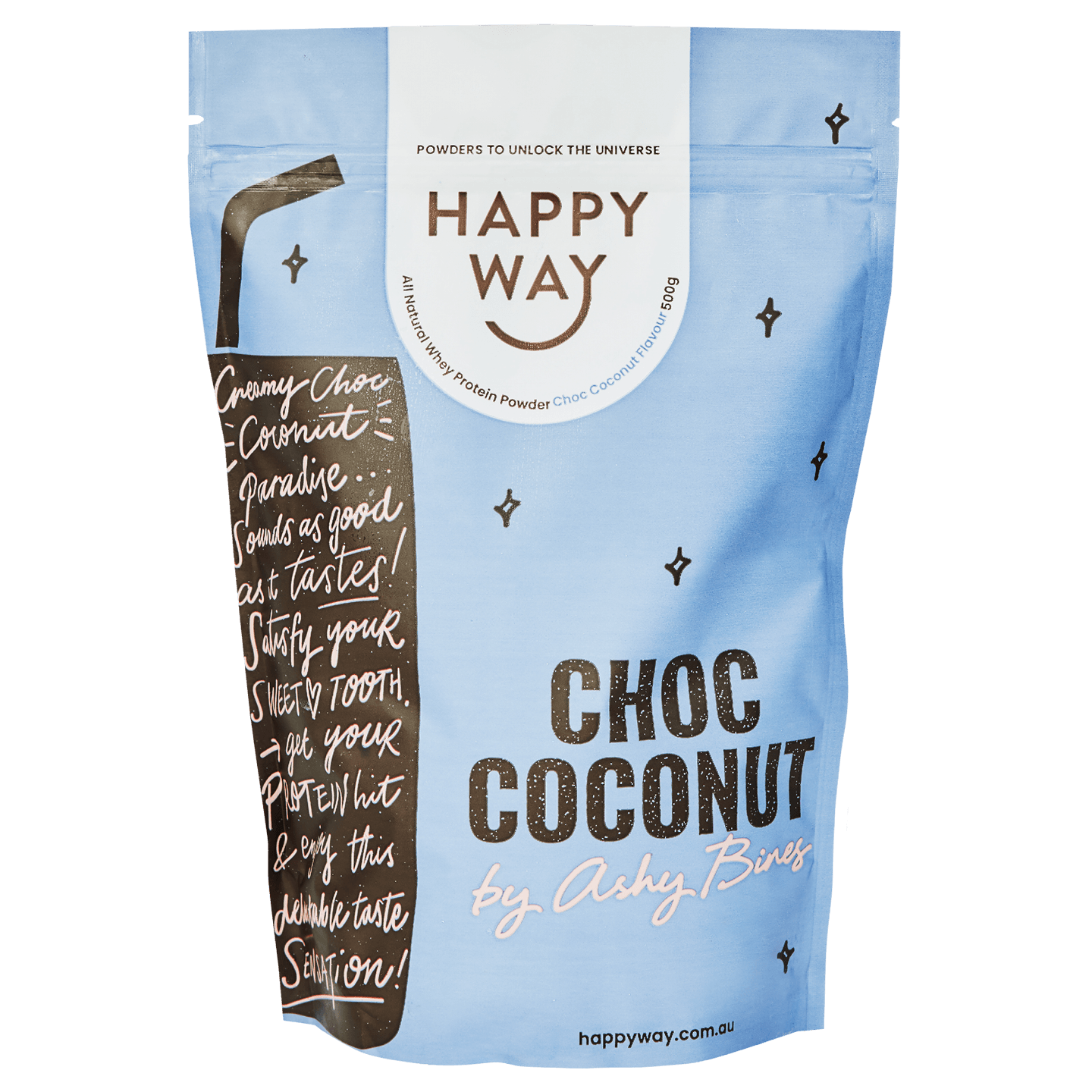 Happy Way Ashy Bines Whey Protein Powder Choc Coconut 500g