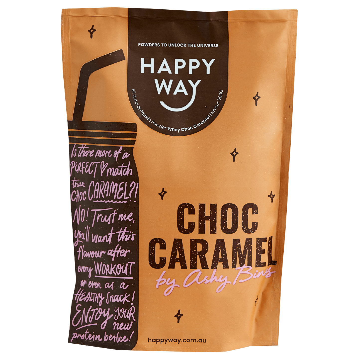 Happy Way Ashy Bines Whey Protein Powder Choc Caramel 500g