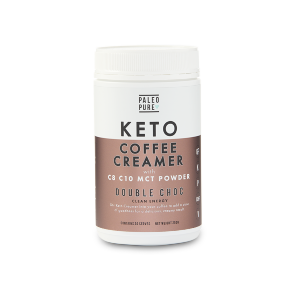 paleo pure keto coffee creamer with c8 c10 mct powder 250g double choc