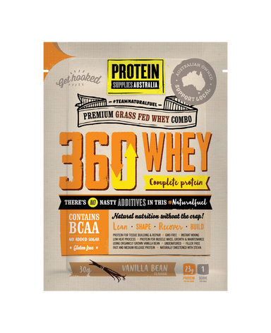 protein supplies aust. 360whey (wpi+wpc combo) vanilla bean 12 x 30g