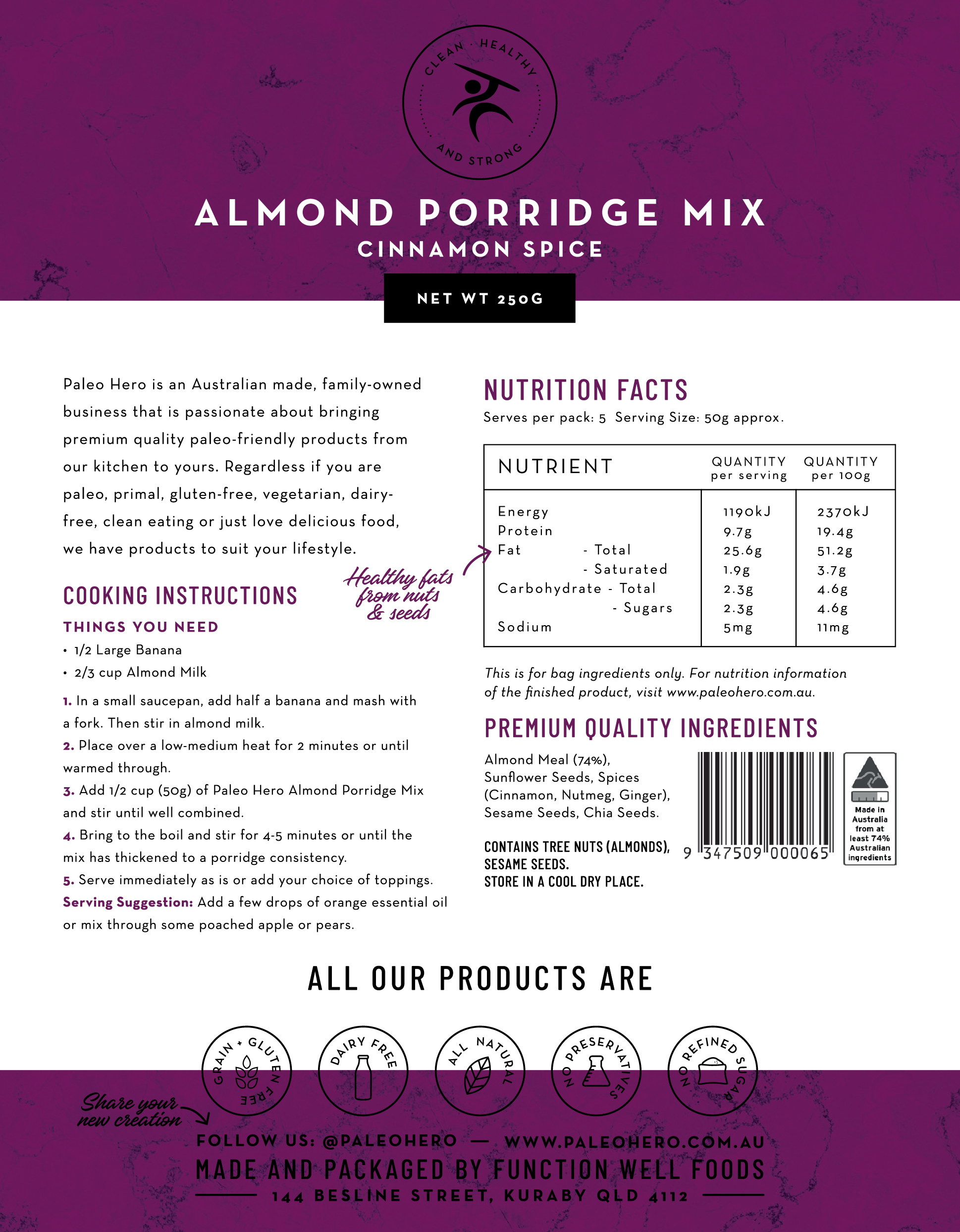 paleo hero primal almond porridge mix cinnamon spice 250g