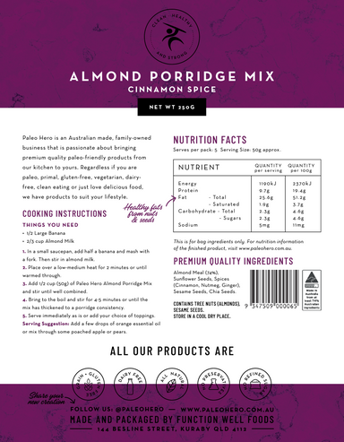 paleo hero primal almond porridge mix cinnamon spice 250g